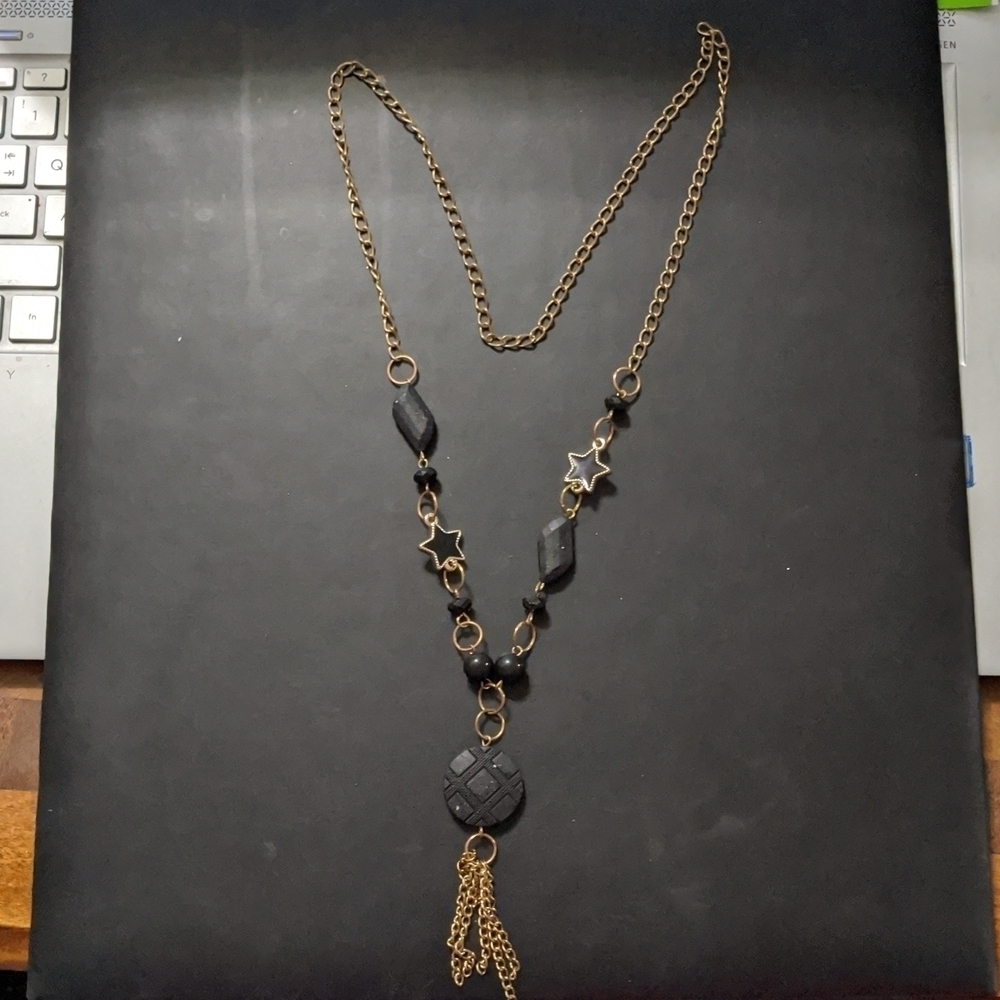 Gold Tone Black Beads Stars Dangle Statement Necklace